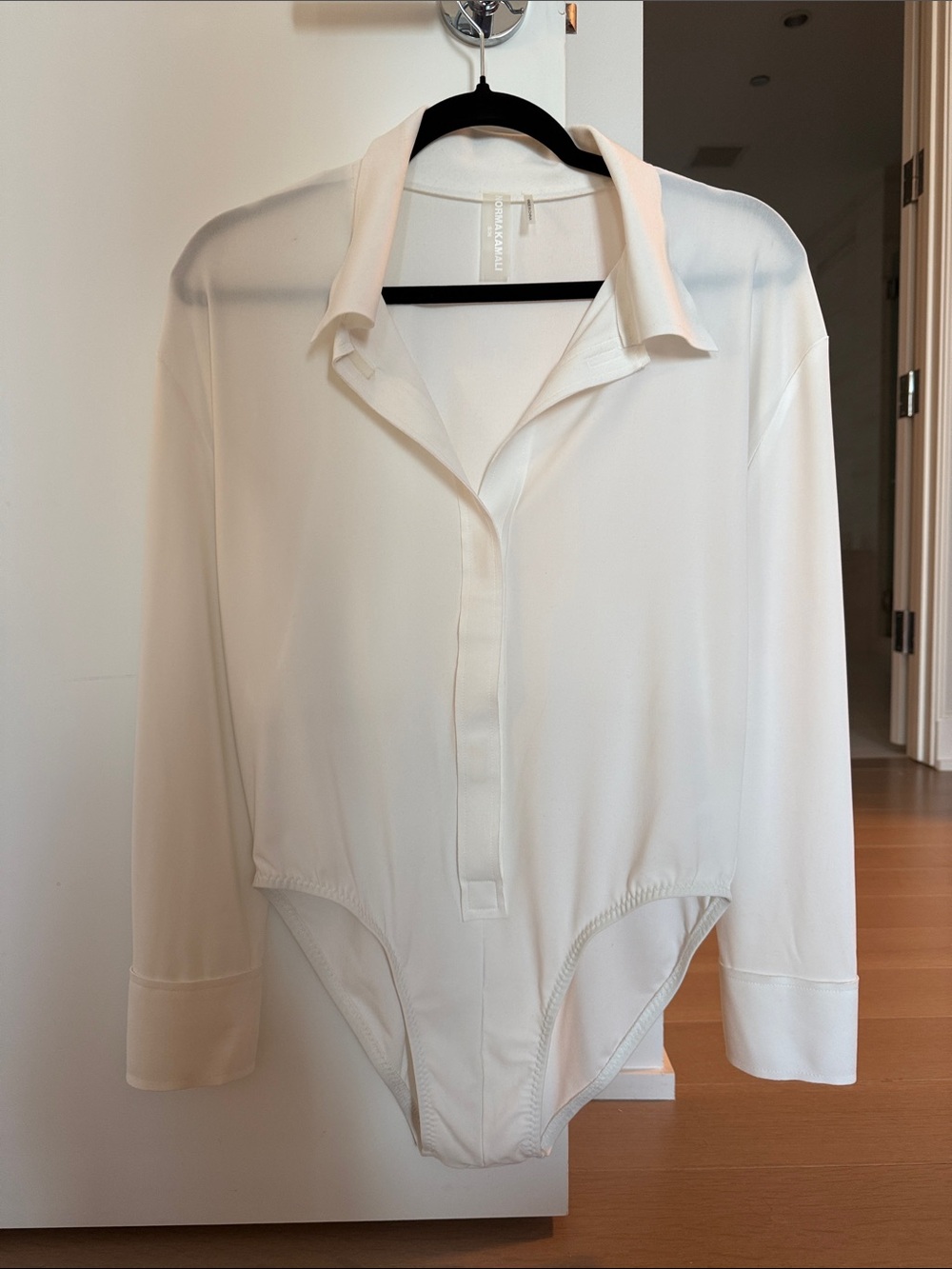Norma Kamali White Long-Sleeve Shirt Bodysuit with Classic Collar